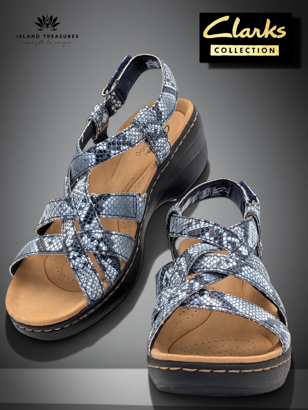 Clarks Collection Giselle Cove Sz 7.5 Blue Sling-Back Snake Print Wedge Sandals